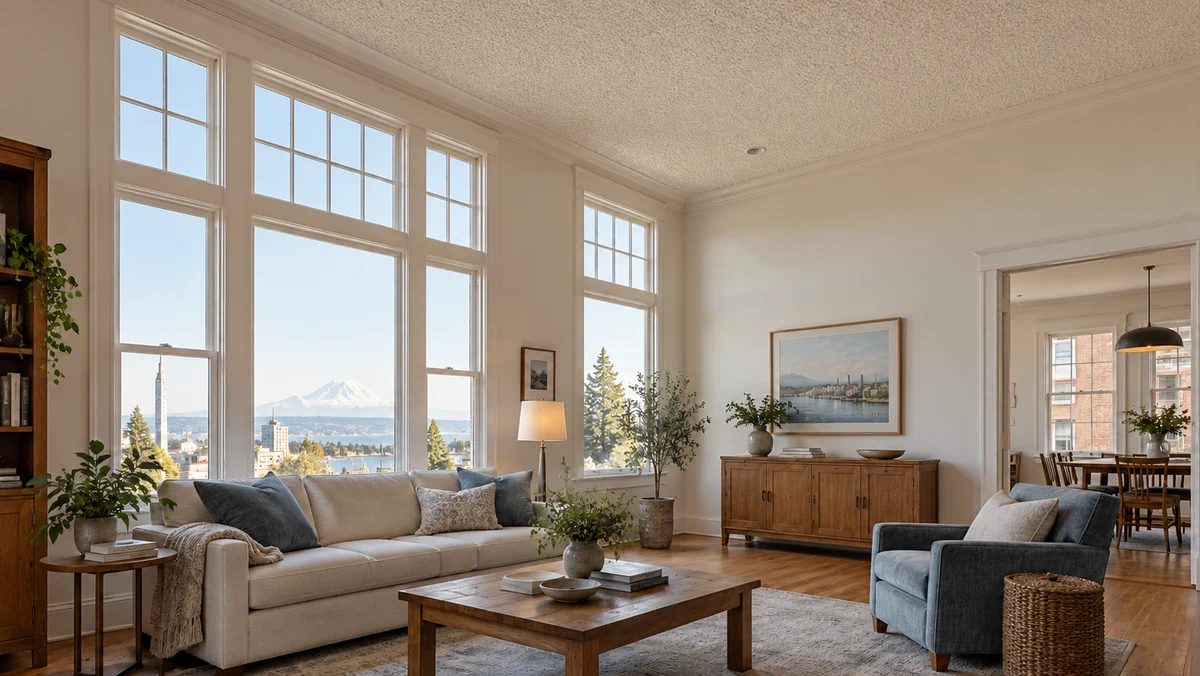 A living room with a textured ceiling.