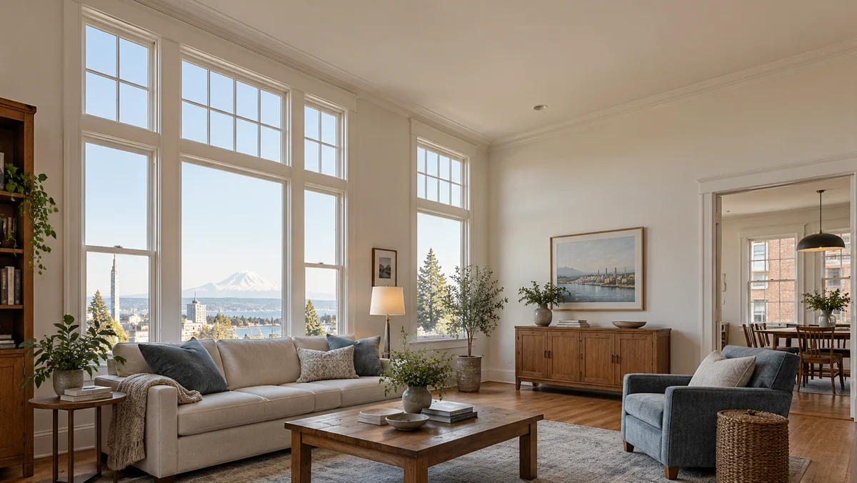 A living room with a smooth ceiling and tall windows.